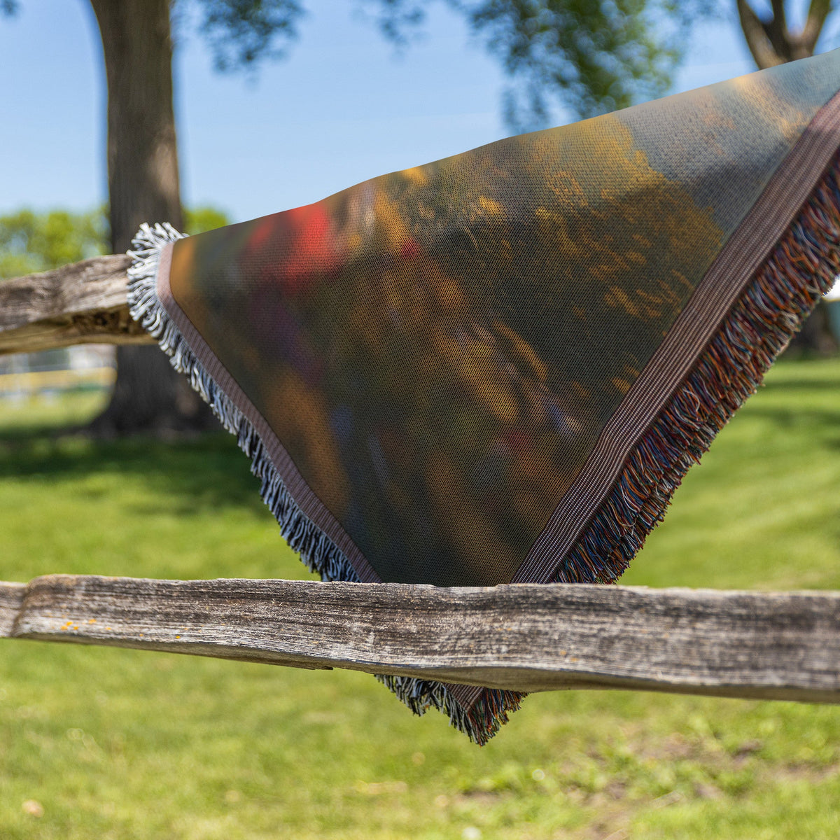 Children Under Rainbow in Blooming Field Woven Throw Blanket - Awakening Righteousness