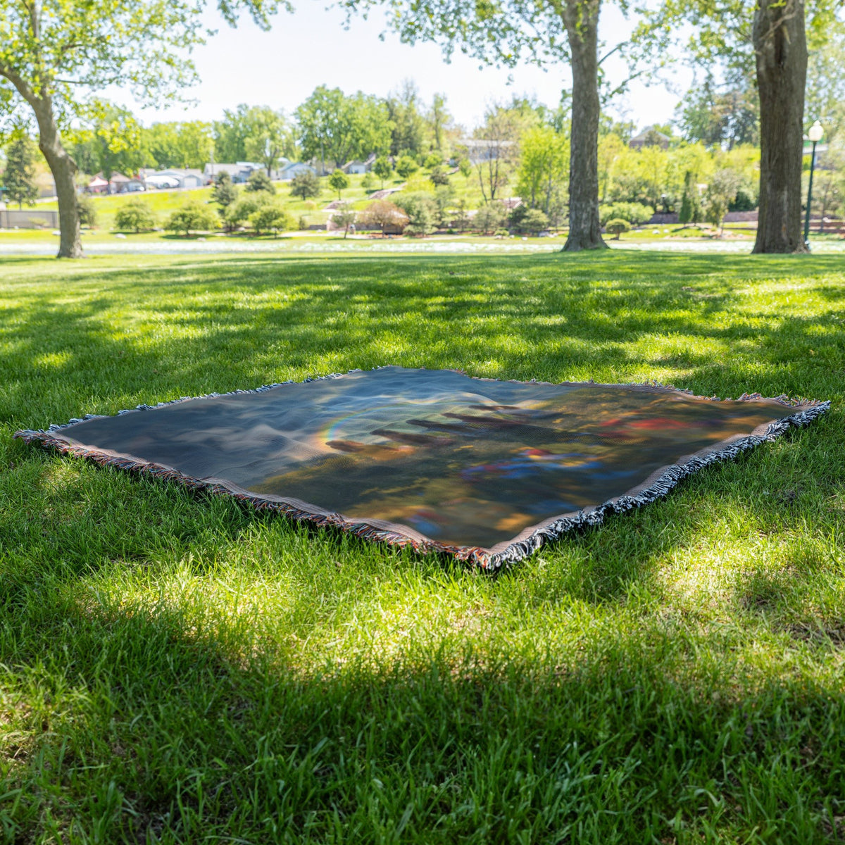 Children Under Rainbow in Blooming Field Woven Throw Blanket - Awakening Righteousness