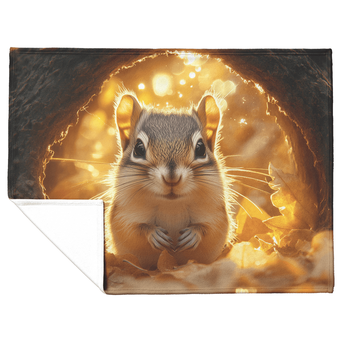 Chipmunk Hiding Inside Glowing Tree Hollow Surrounded by Soft Golden Leaves and Gentle Sunlight Fleece Sherpa Blanket - Awakening Righteousness