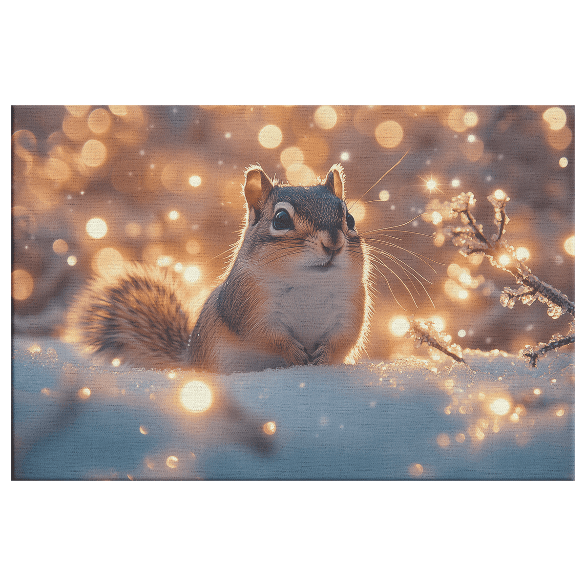 Chipmunk In Snowy Forest Surrounded By Glowing Frost Covered Branches And Twinkling Snowflakes Canvas Wall Art Decor - Awakening Righteousness