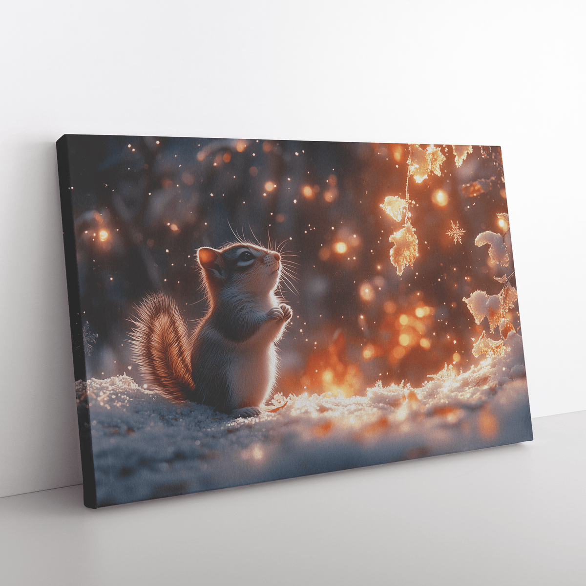 Chipmunk In Snowy Forest Surrounded By Glowing Frost Covered Branches And Twinkling Snowflakes Canvas Wall Art Decor - Awakening Righteousness