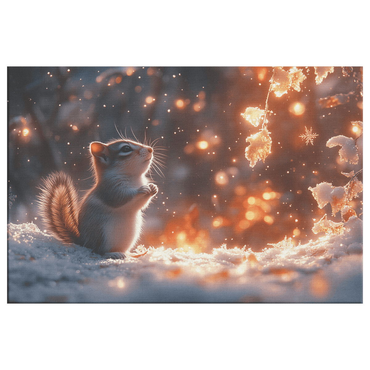 Chipmunk In Snowy Forest Surrounded By Glowing Frost Covered Branches And Twinkling Snowflakes Canvas Wall Art Decor - Awakening Righteousness