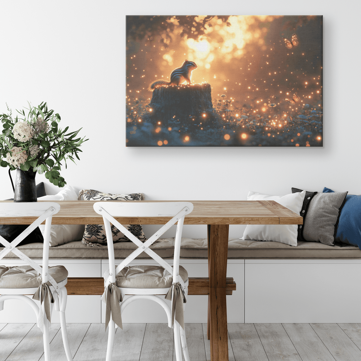 Chipmunk On Glowing Tree Stump With Bioluminescent Mushrooms And Fireflies Under Twilight Canvas Wall Art Decor - Awakening Righteousness