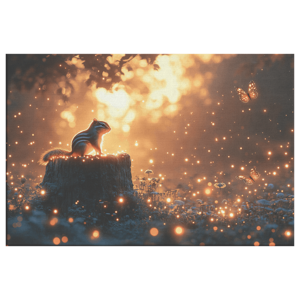 Chipmunk On Glowing Tree Stump With Bioluminescent Mushrooms And Fireflies Under Twilight Canvas Wall Art Decor - Awakening Righteousness