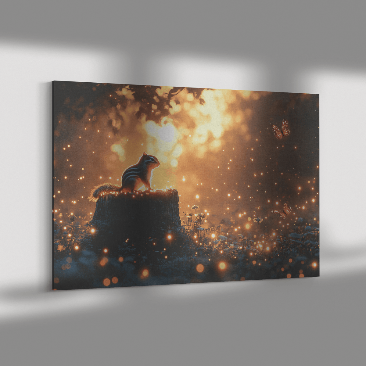 Chipmunk On Glowing Tree Stump With Bioluminescent Mushrooms And Fireflies Under Twilight Canvas Wall Art Decor - Awakening Righteousness