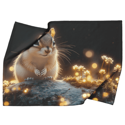 Chipmunk Perched on Mossy Stone Surrounded by Glowing Plants and Ethereal Mist in Magical Twilight Forest Fleece Sherpa Blanket - Awakening Righteousness