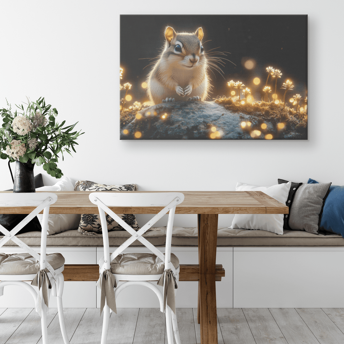Chipmunk Perched On Mossy Stone With Glowing Plants And Ethereal Mist In Magical Twilight Forest Canvas Wall Art Decor - Awakening Righteousness