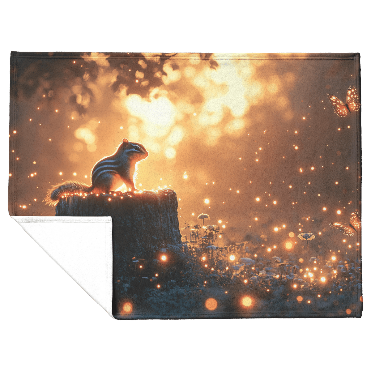 Chipmunk Sitting on Glowing Tree Stump Surrounded by Bioluminescent Mushrooms and Fireflies Twilight Forest Fleece Sherpa Blanket - Awakening Righteousness