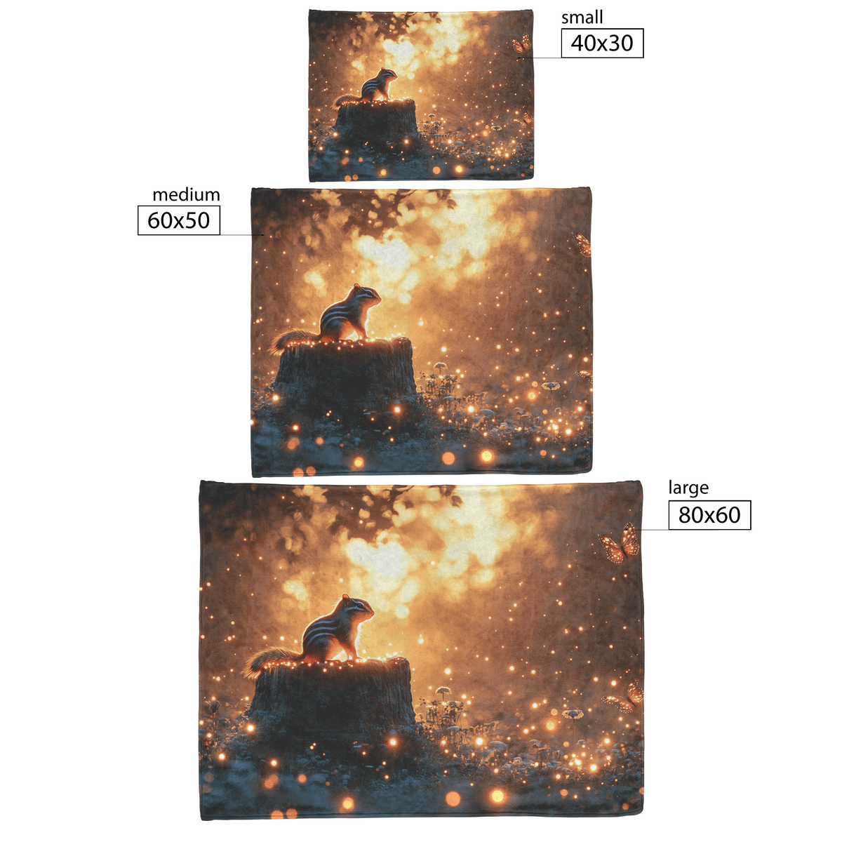 Chipmunk Sitting on Glowing Tree Stump Surrounded by Bioluminescent Mushrooms and Fireflies Twilight Forest Fleece Sherpa Blanket - Awakening Righteousness