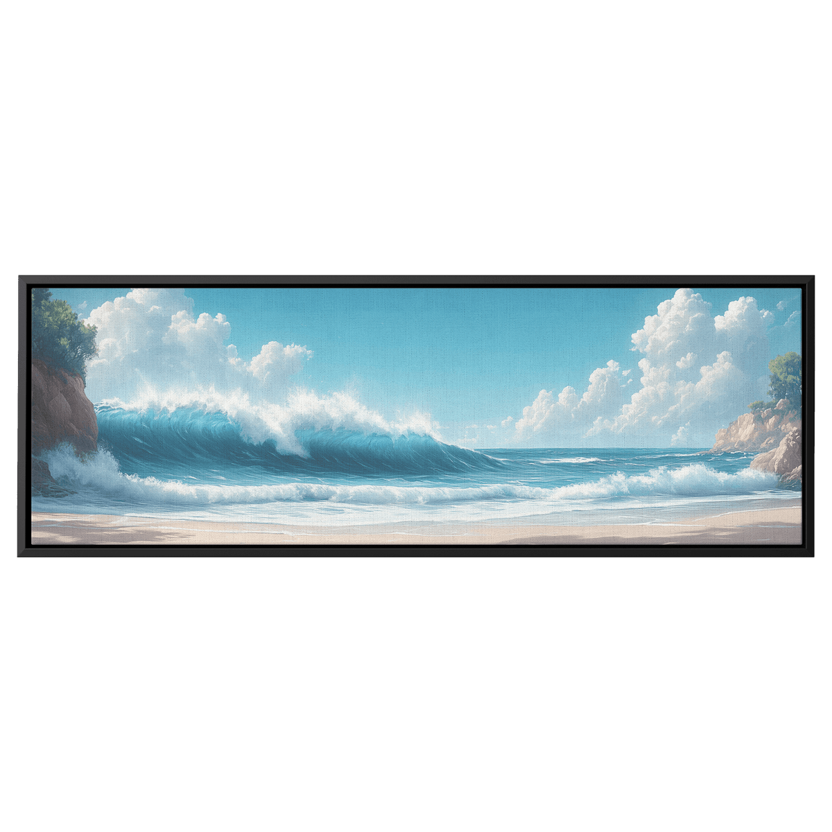 Coastal Illustration Rolling Waves Neutral Sandy Tones Soft Taupe Horizon Ultra High Definition Panoramic Framed Canvas Wall Art - Awakening Righteousness