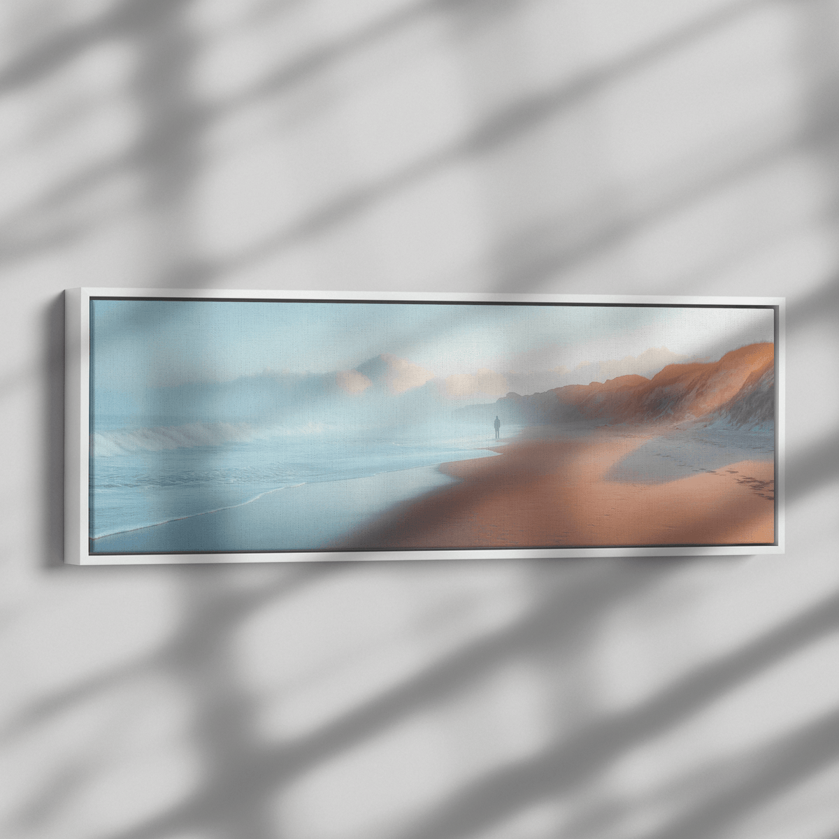 Coastal Scene Soft Waves Muted Pastel Skies Neutral Sandy Shores Ultra High Definition Minimalist Panoramic Framed Canvas Wall Art - Awakening Righteousness