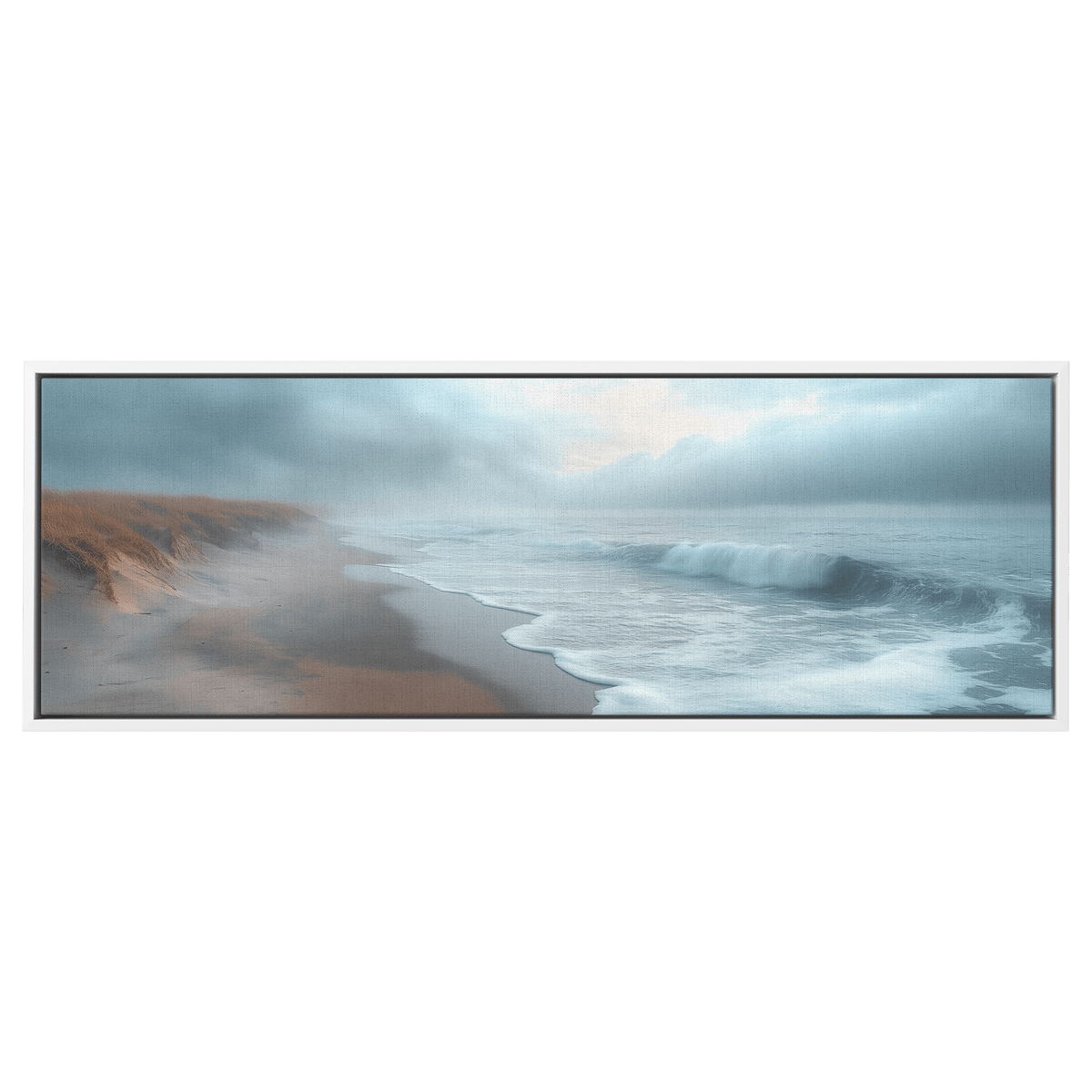 Coastline Scene Muted Gray Tones Rolling Waves Soft Sandy Shore Ultra High Definition Elegant Simplicity Panoramic Framed Canvas Wall Art - Awakening Righteousness