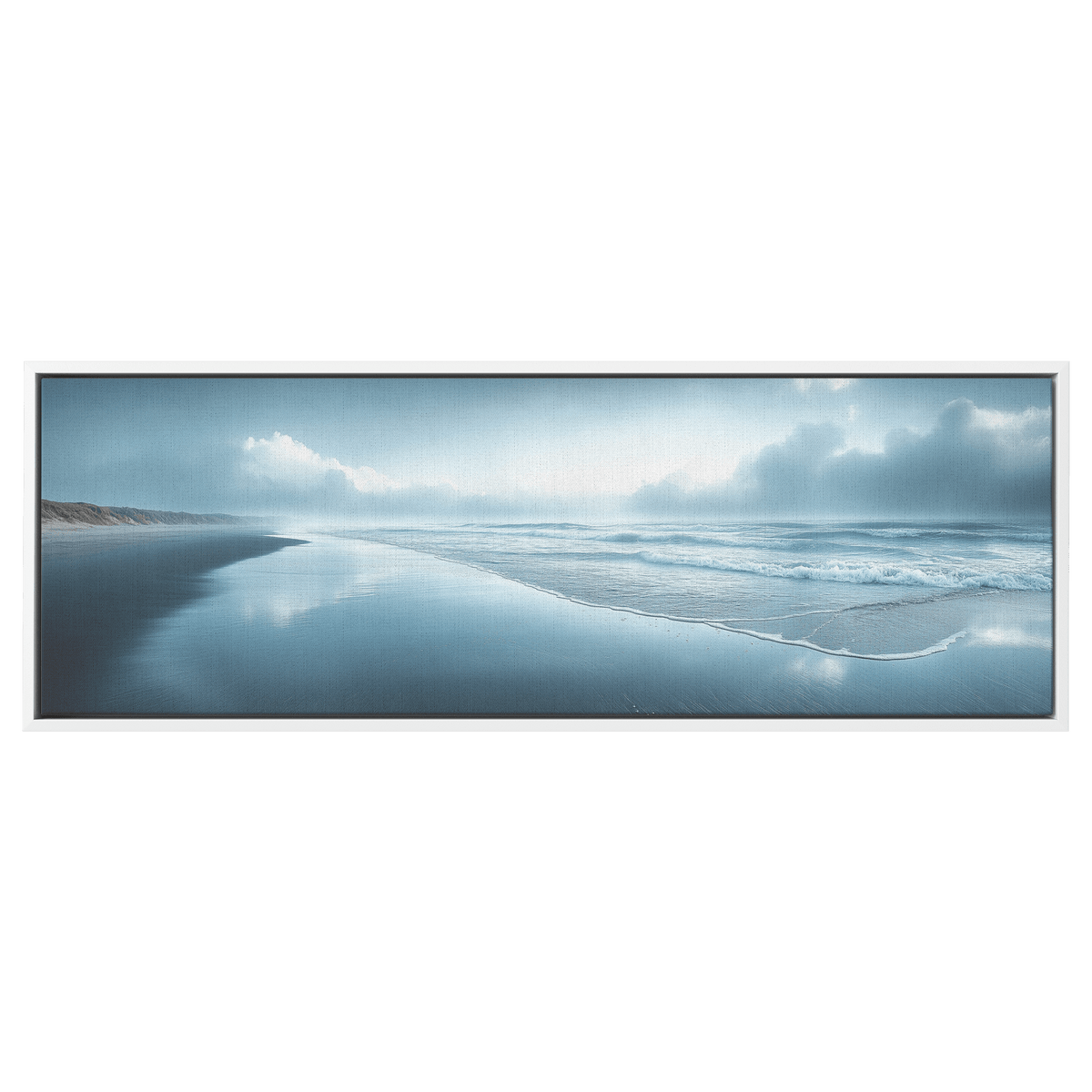 Coastline Scene Muted Gray Tones Rolling Waves Soft Sandy Shore Ultra High Definition Elegant Simplicity Panoramic Framed Canvas Wall Art - Awakening Righteousness