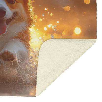Corgi Running Playfully on Beach at Sunrise with Water Splashing and Glowing Natural Light Fleece Sherpa Blanket - Awakening Righteousness