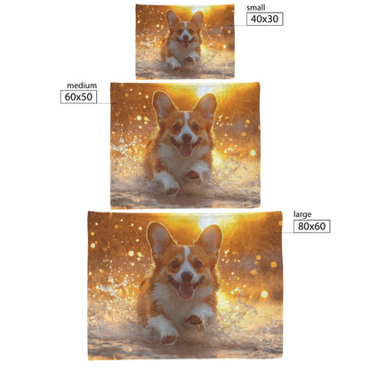 Corgi Running Playfully on Beach at Sunrise with Water Splashing and Glowing Natural Light Fleece Sherpa Blanket - Awakening Righteousness