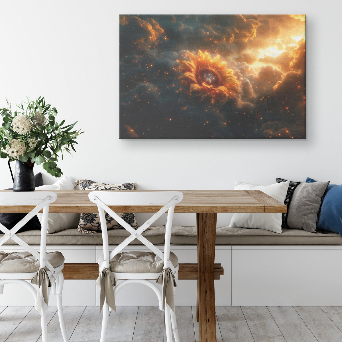 Cosmic Sunflower Golden Petals Starry Galaxy Center Celestial Clouds Stardust Ethereal Light Canvas Wall Art - Awakening Righteousness