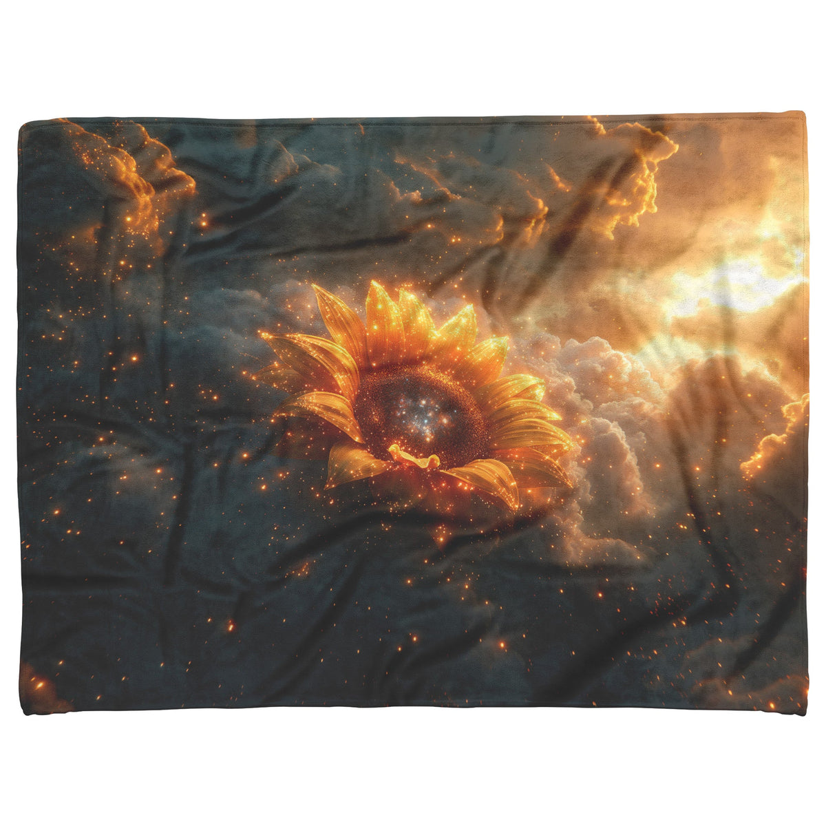 Cosmic Sunflower with Glowing Golden Petals Starry Center Celestial Clouds Stardust Ethereal Light Sherpa Blanket - Awakening Righteousness