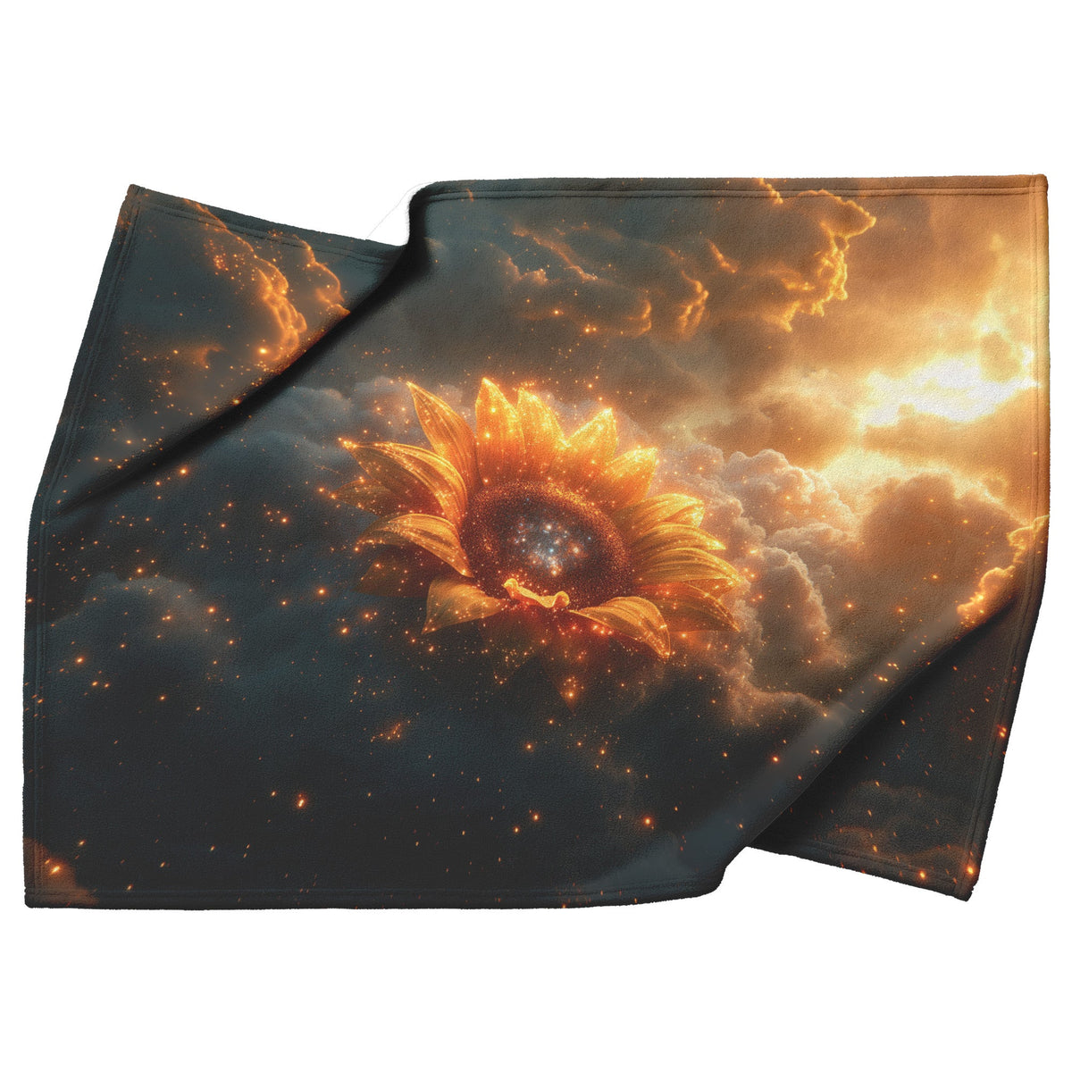 Cosmic Sunflower with Glowing Golden Petals Starry Center Celestial Clouds Stardust Ethereal Light Sherpa Blanket - Awakening Righteousness