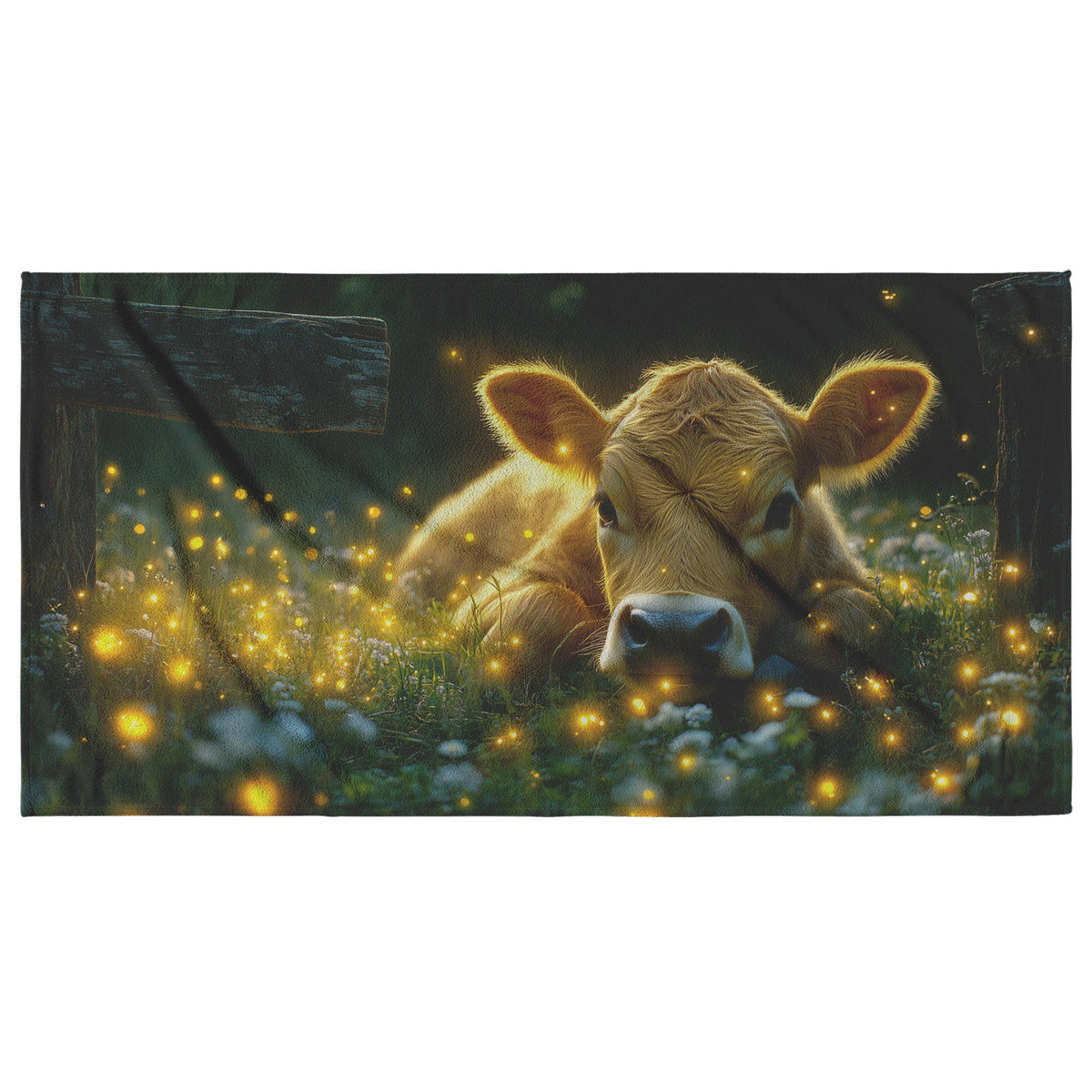 Cow Resting by Old Wooden Fence with Glowing Fireflies in Twilight Meadow Serene and Peaceful Beach Towel - Awakening Righteousness
