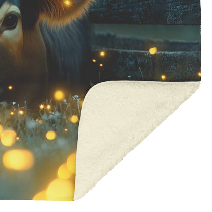 Cow Resting by Wooden Fence Sherpa Fleece Blanket Twilight Meadow Glowing Fireflies Serene Peaceful Scene - Awakening Righteousness