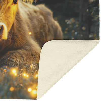 Cow Resting by Wooden Fence Sherpa Fleece Blanket Twilight Meadow Glowing Fireflies Serene Peaceful Scene - Awakening Righteousness