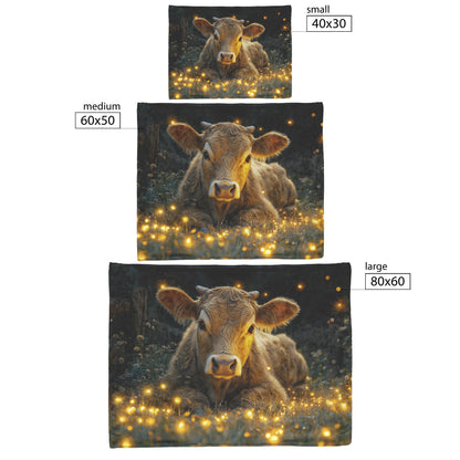 Cow Resting by Wooden Fence Sherpa Fleece Blanket Twilight Meadow Glowing Fireflies Serene Peaceful Scene - Awakening Righteousness