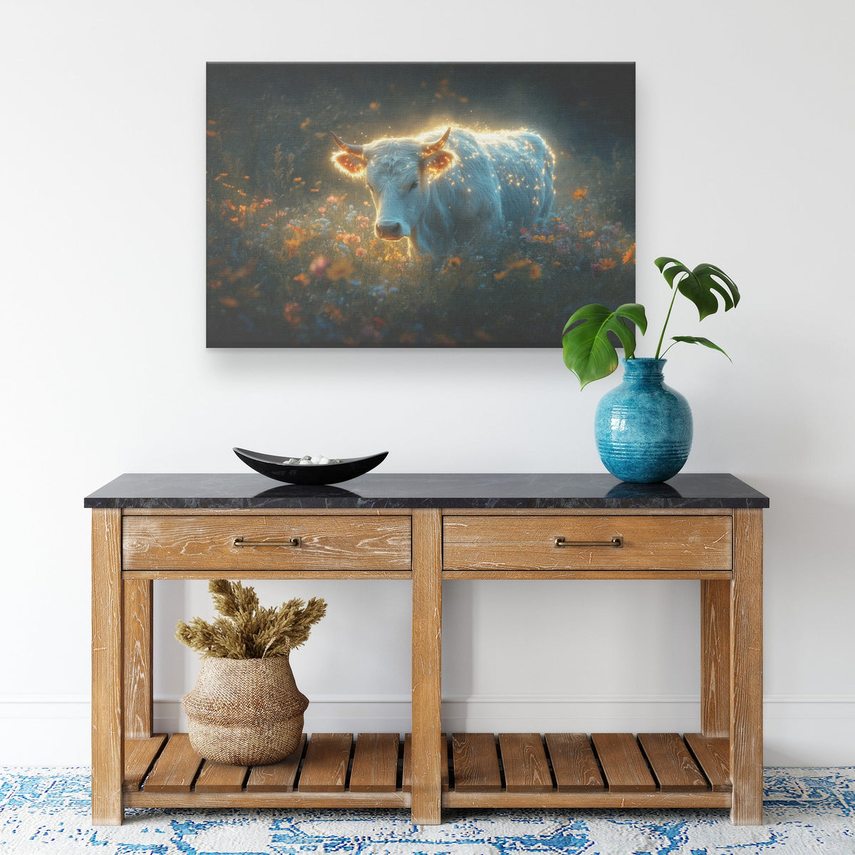 Cow with Glowing Fur in Misty Morning Field Surrounded by Wildflowers and Dew Covered Grass Canvas Wall Art Decor - Awakening Righteousness