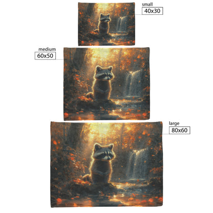 Curious Raccoon by Glowing Waterfall Mossy Rocks Vibrant Plants Soft Light Fleece Sherpa Blanket - Awakening Righteousness