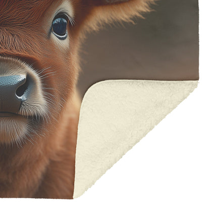 Cute Baby Brown Calf Standing in Peaceful Field with Soft Natural Light Cozy Fleece Sherpa Blanket - Awakening Righteousness