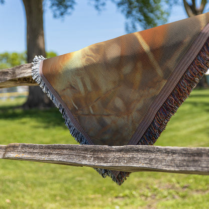 Cute Baby Fox with Vibrant Blue Eyes in a Sunlit Field Cozy Woven Throw Blanket - Awakening Righteousness