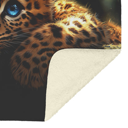 Cute Baby Leopard with Blue Eyes in Beautiful Natural Scenery Cozy Sherpa Blanket for Wildlife Lovers - Awakening Righteousness