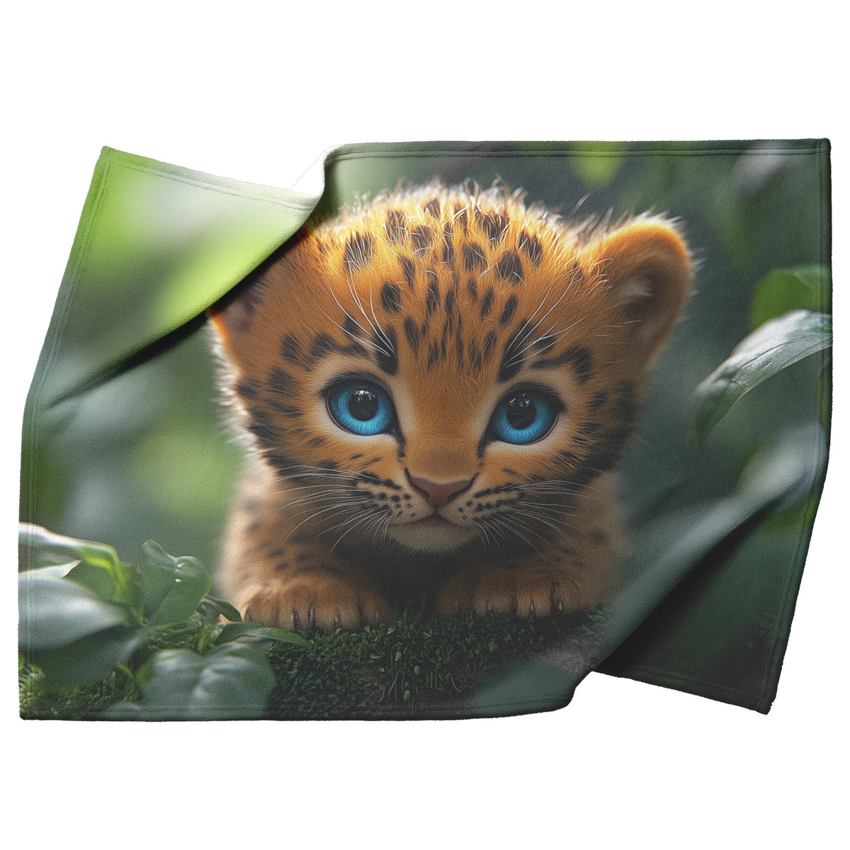 Cute Baby Leopard with Blue Eyes in Beautiful Natural Scenery Fleece Sherpa Blanket - Awakening Righteousness