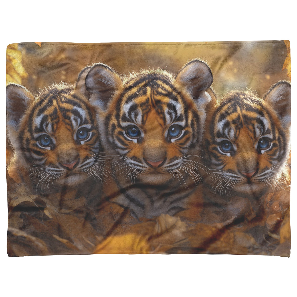 Cute Baby Tiger Cubs Blue Eyes Autumn Leaves Cozy Fleece Sherpa Blanket - Awakening Righteousness