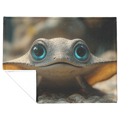 Cute Creature with Sparkling Blue Eyes Sitting on Sandy Ocean Floor Cozy Fleece Sherpa Blanket - Awakening Righteousness