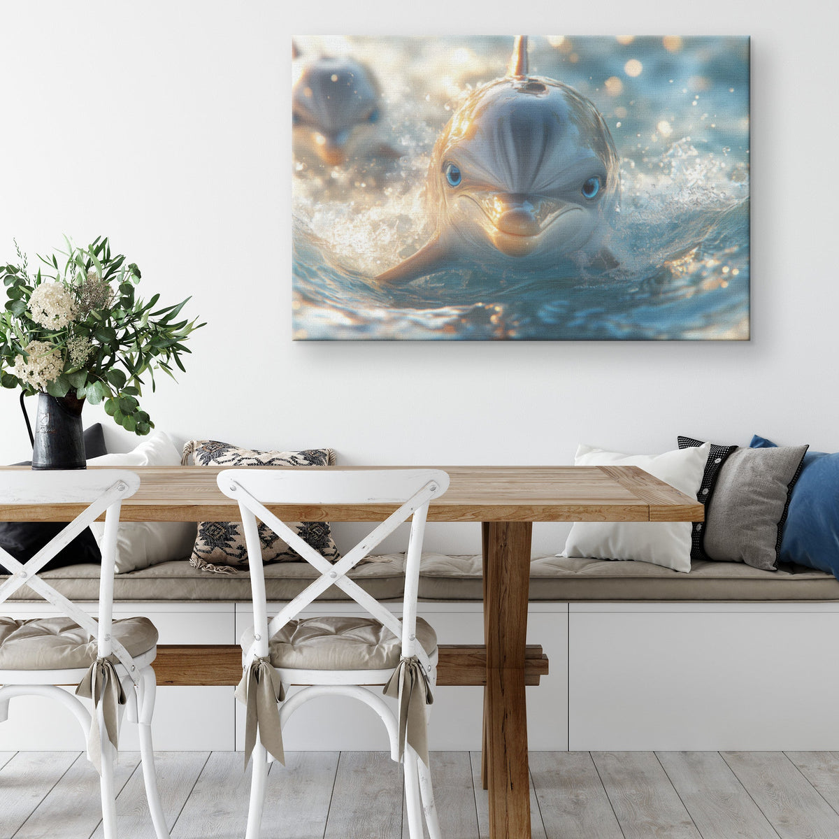 Cute Dolphin with Blue Eyes Playfully Splashing in Water Canvas Wall Art Decor - Awakening Righteousness