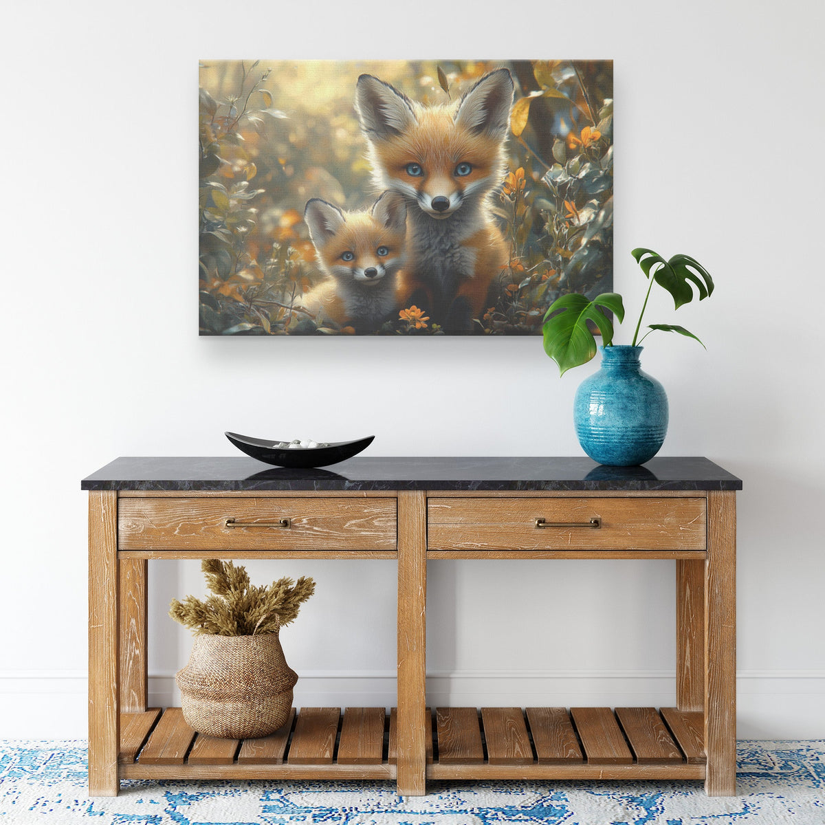 Cute Fox Mother and Baby with Blue Eyes in Autumn Forest Canvas Wall Art Decor - Awakening Righteousness
