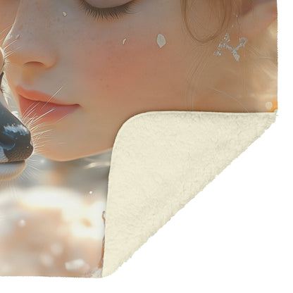 Cute Girl Kissing Baby Deer in Snowy Fairy Tale Cozy Fleece Sherpa Blanket - Awakening Righteousness
