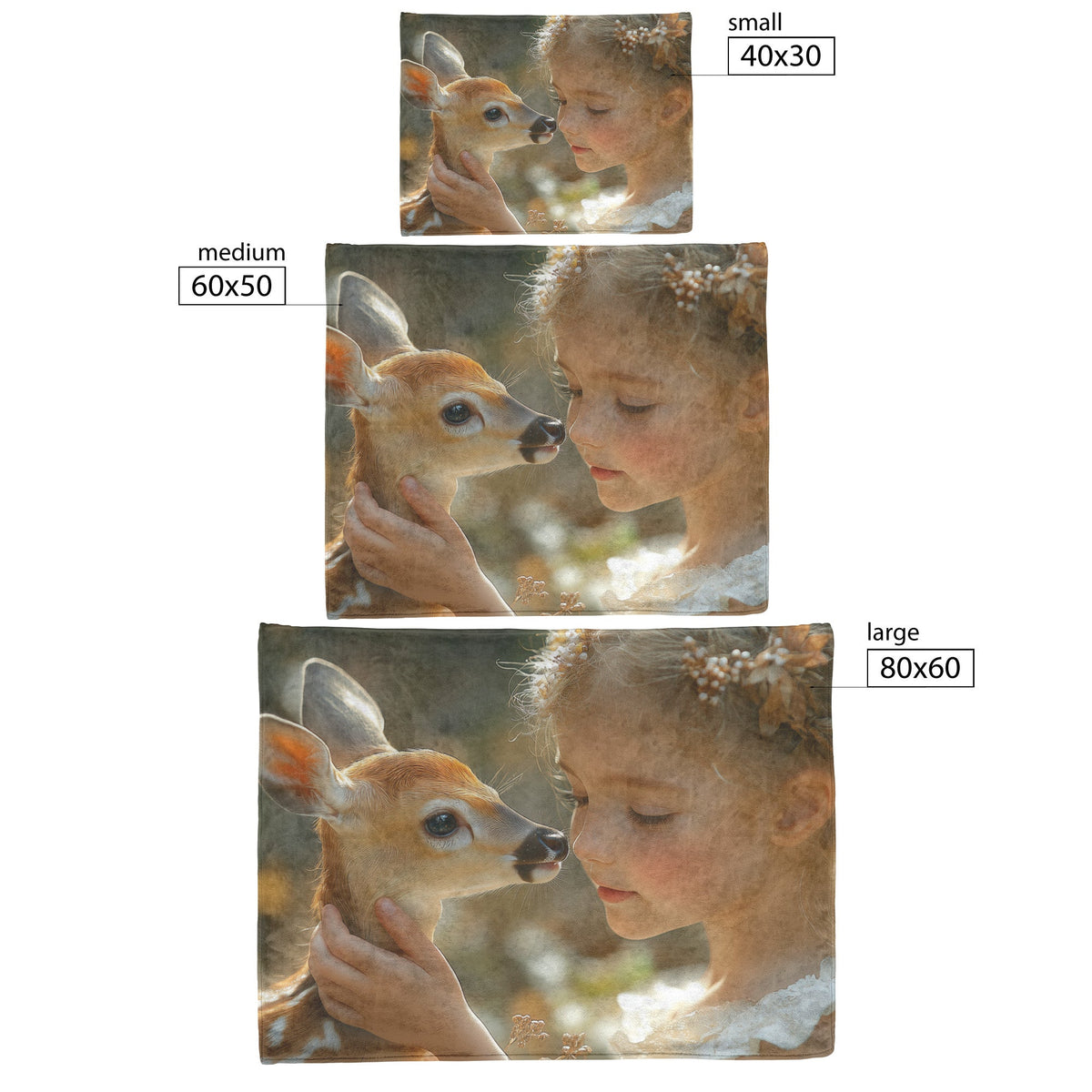 Cute Little Girl Stroking Deer Cub in White Dress with Serene Backdrop Cozy Fleece Sherpa Blanket - Awakening Righteousness