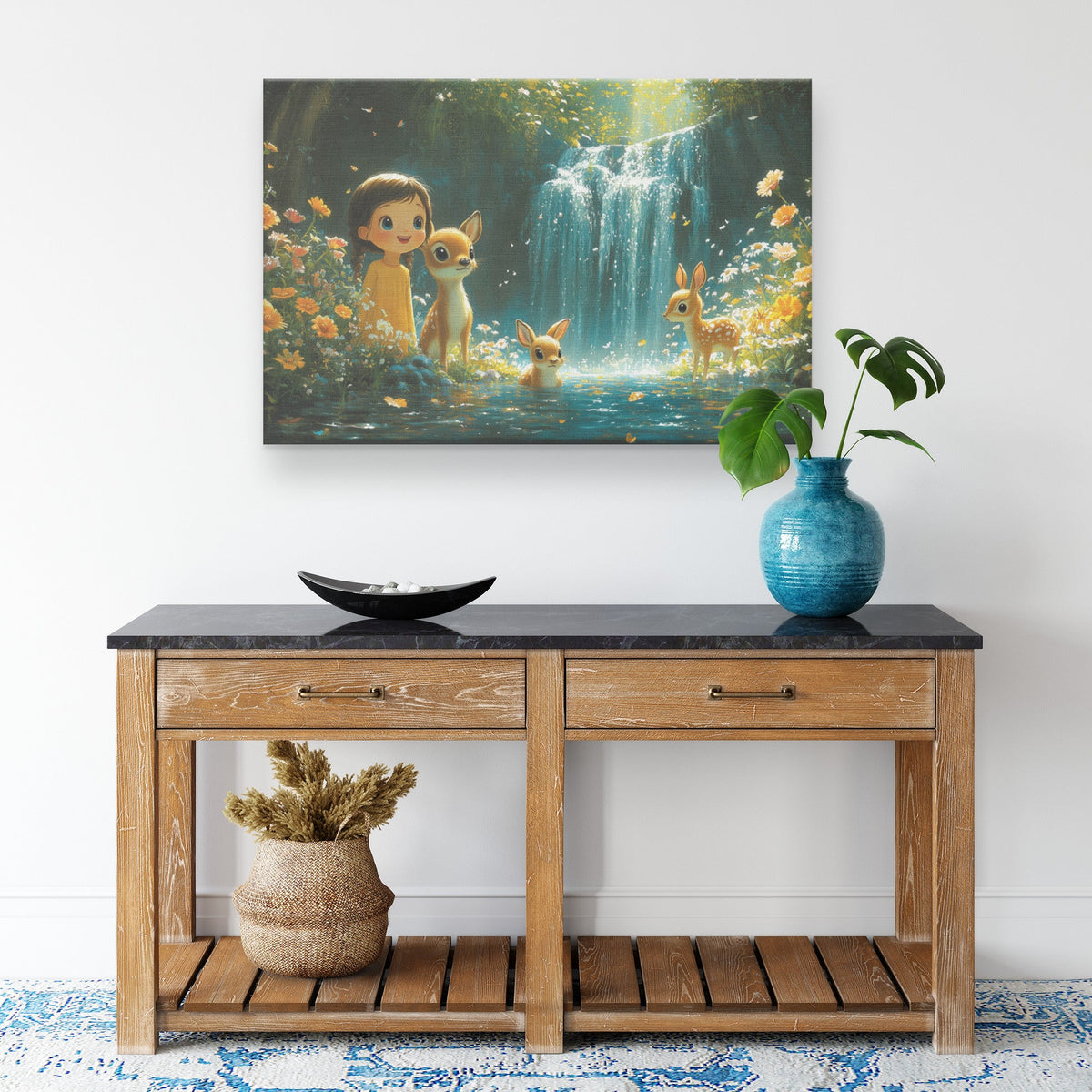 Cute Little Girl with Deer Waterfall Flowers Canvas Wall Art Decor - Awakening Righteousness