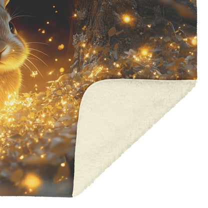 Cute Rabbit Peeking from Glowing Tree Hollow with Shimmering Fireflies and Golden Forest Mist Fleece Sherpa Blanket - Awakening Righteousness