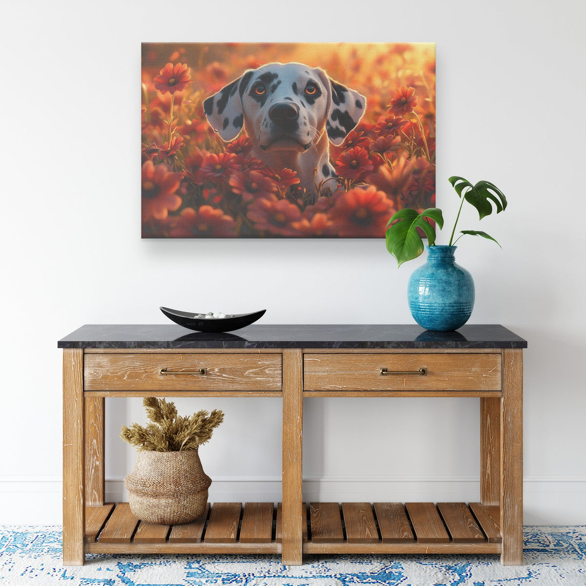 Dalmatian Standing Playfully in Vibrant Garden with Glowing Flowers and Soft Sunlight Canvas Wall Art Decor - Awakening Righteousness