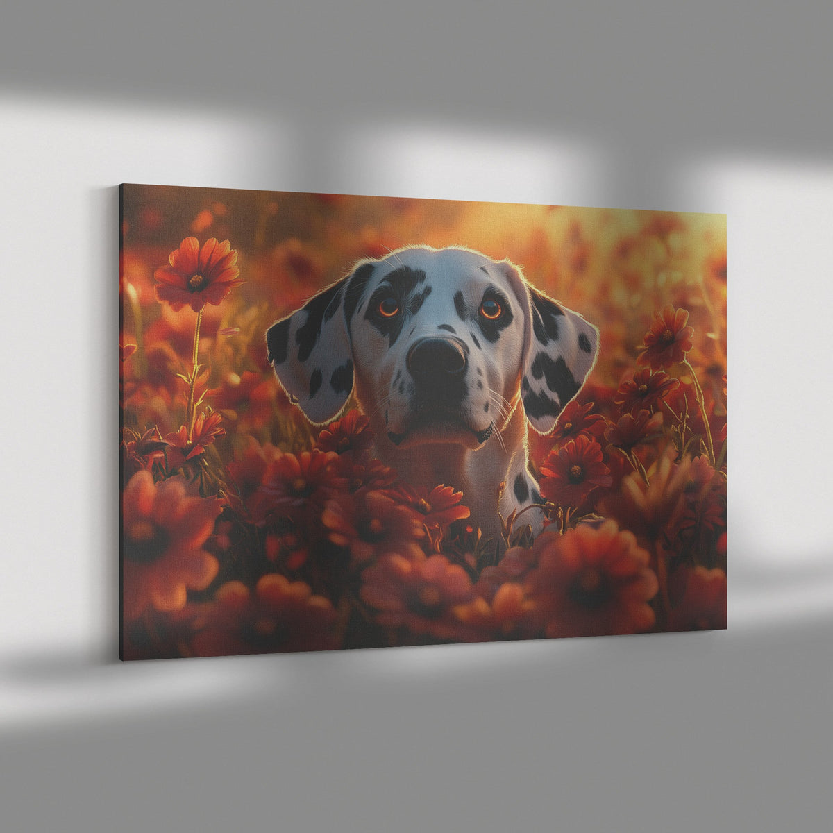 Dalmatian Standing Playfully in Vibrant Garden with Glowing Flowers and Soft Sunlight Canvas Wall Art Decor - Awakening Righteousness
