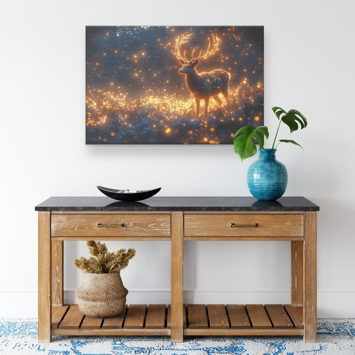 Deer with Glowing Antlers Canvas Wall Art Decor in Bioluminescent Forest Surrounded by Shimmering Plants and Magical Atmosphere - Awakening Righteousness
