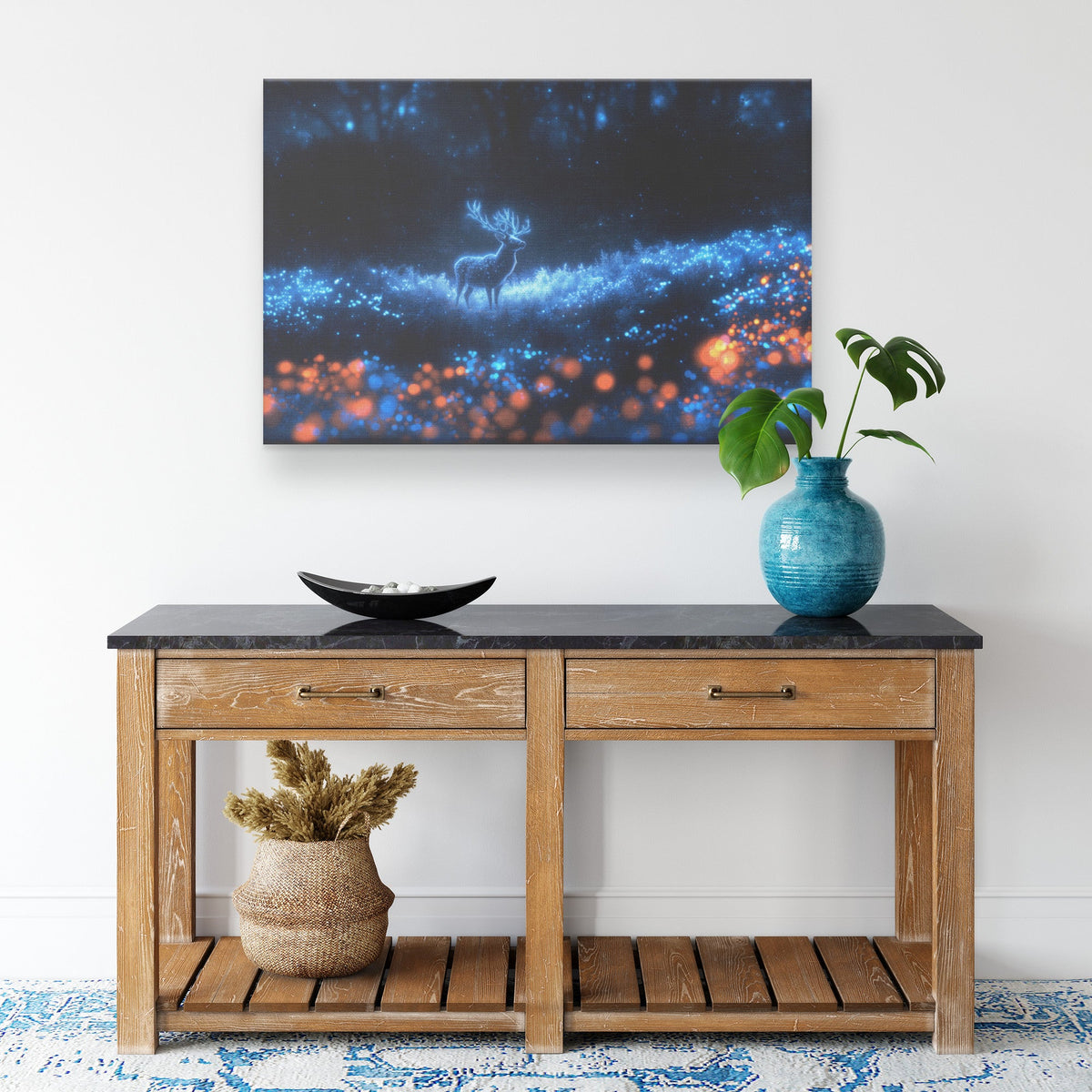 Deer with Glowing Antlers in Bioluminescent Forest Shimmering Plants Surreal Magical Canvas Wall Art Decor - Awakening Righteousness