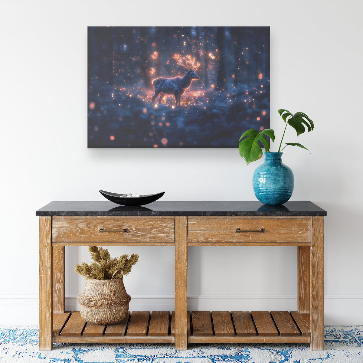 Deer with Glowing Antlers in Bioluminescent Forest Shimmering Plants Surreal Magical Canvas Wall Art Decor - Awakening Righteousness