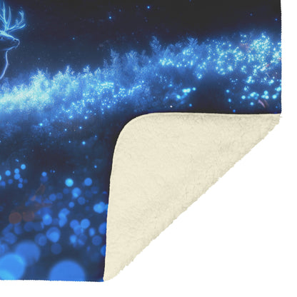 Deer with Glowing Antlers in Bioluminescent Forest Surrounded by Shimmering Plants Fleece Sherpa Blanket - Awakening Righteousness
