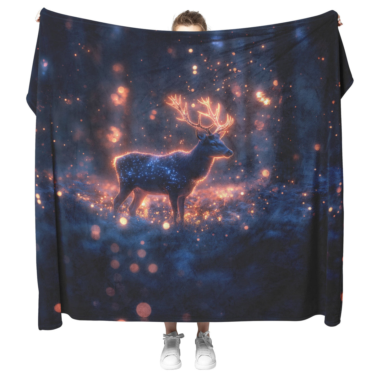 Deer with Glowing Antlers in Bioluminescent Forest Surrounded by Shimmering Plants Fleece Sherpa Blanket - Awakening Righteousness