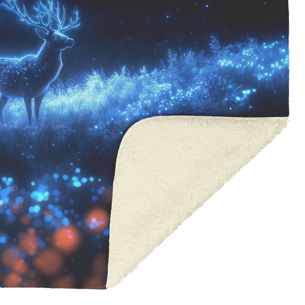 Deer with Glowing Antlers in Bioluminescent Forest Surrounded by Shimmering Plants Fleece Sherpa Blanket - Awakening Righteousness