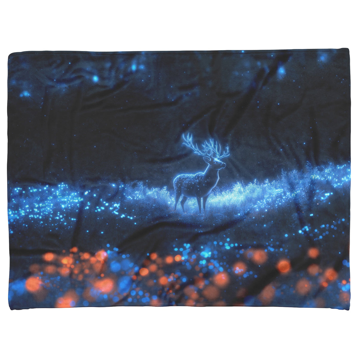 Deer with Glowing Antlers in Bioluminescent Forest Surrounded by Shimmering Plants Fleece Sherpa Blanket - Awakening Righteousness