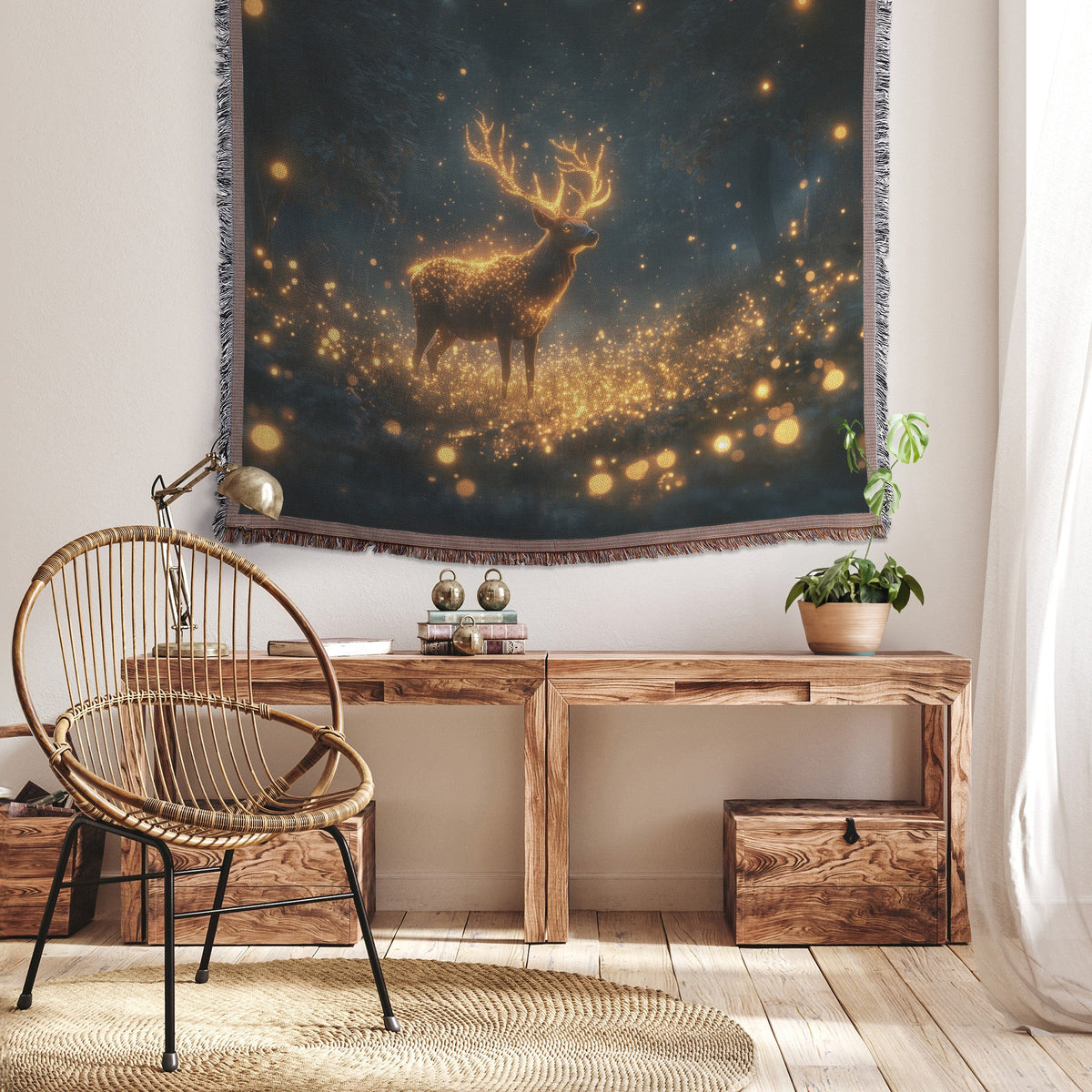 Deer with Glowing Antlers in Bioluminescent Forest Surrounded by Shimmering Plants Magical Woven Throw Blanket - Awakening Righteousness